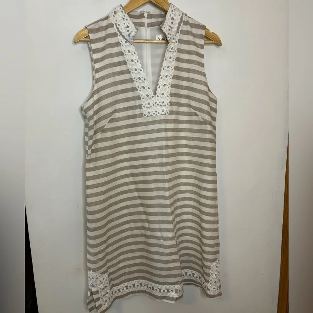 Eliza J Tan And White Striped Linen Shift White Crochet Trim
